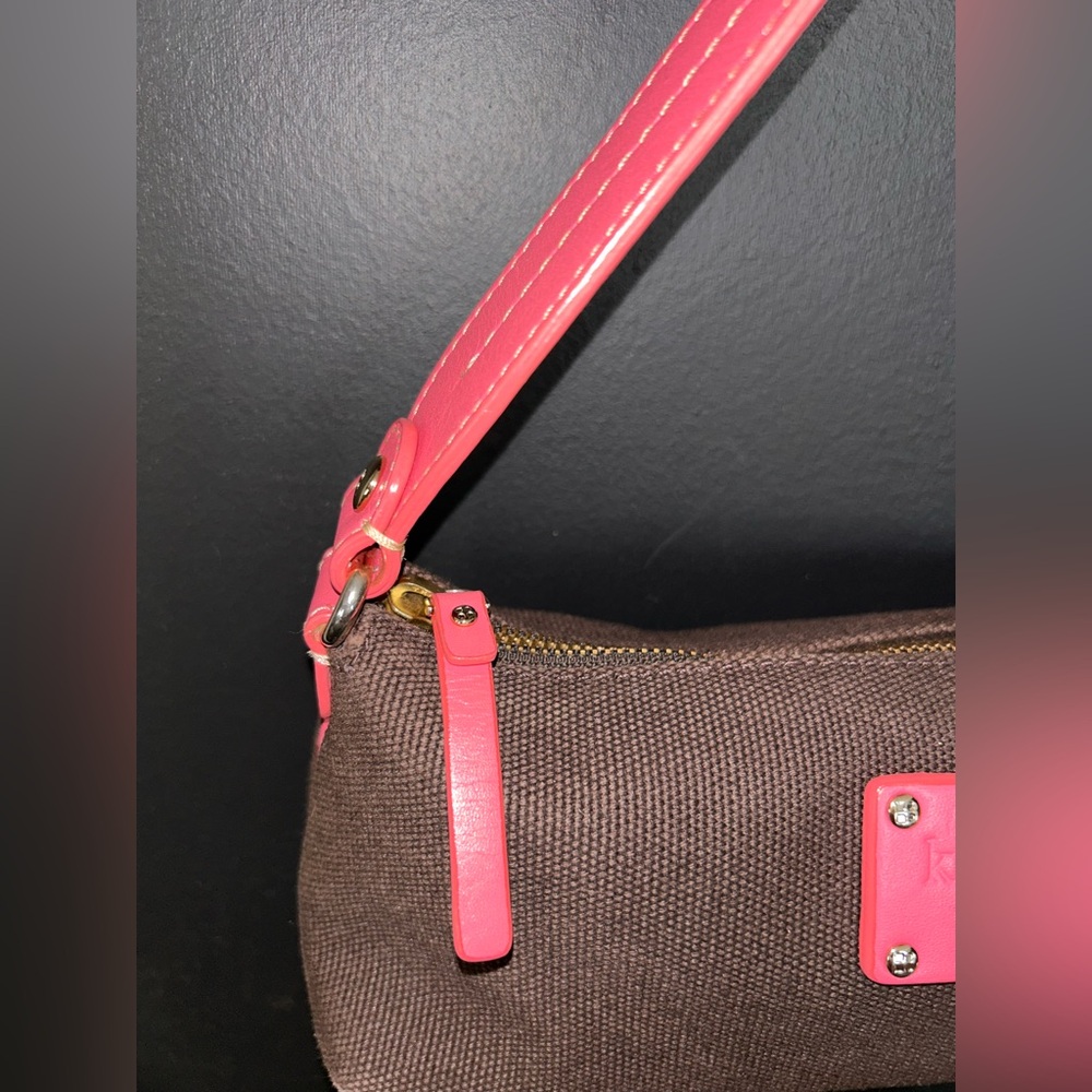 Vintage Kate Spade Mini Bag Brown Canvas with Pink Leather Trim & HelloKitty Tag - Picture 15 of 16